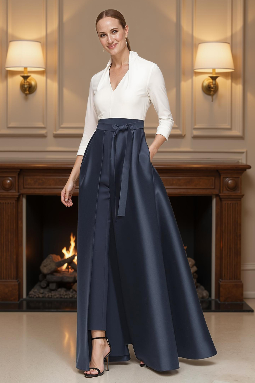 Navy V-Neck 2 Piece Floor-Length Mother of the Bride Pant Suits with Cape