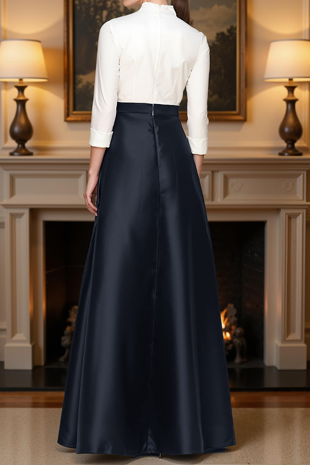 Navy V-Neck 2 Piece Floor-Length Mother of the Bride Pant Suits with Cape