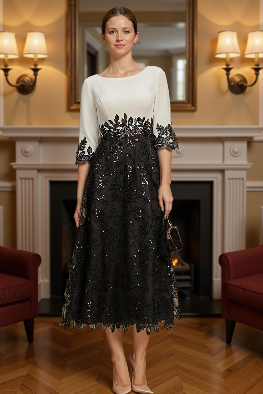Sparkly Black Sequins A Line Tea-Length Mother of the Bride Dress with Lace