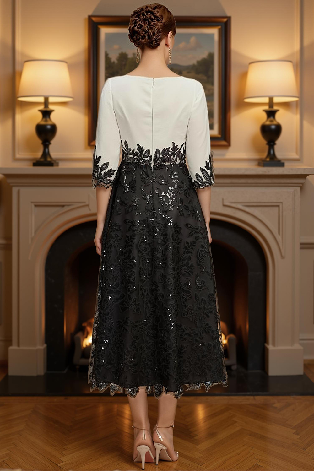 Sparkly Black Sequins A Line Tea-Length Mother of the Bride Dress with Lace