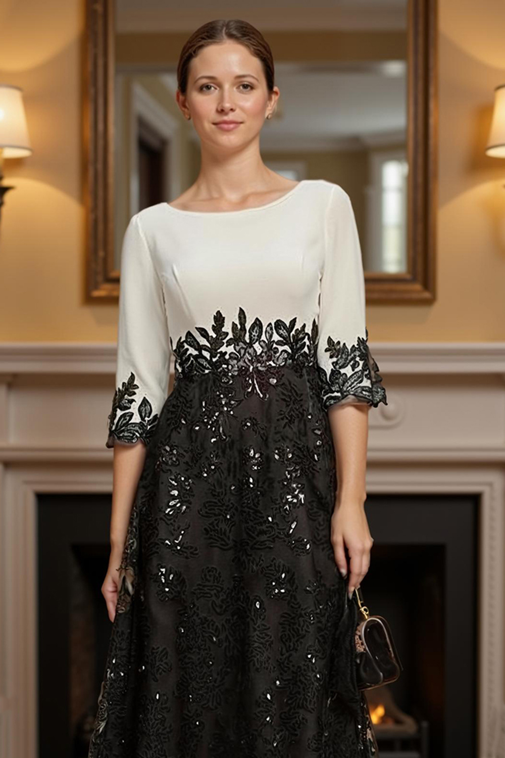 Sparkly Black Sequins A Line Tea-Length Mother of the Bride Dress with Lace