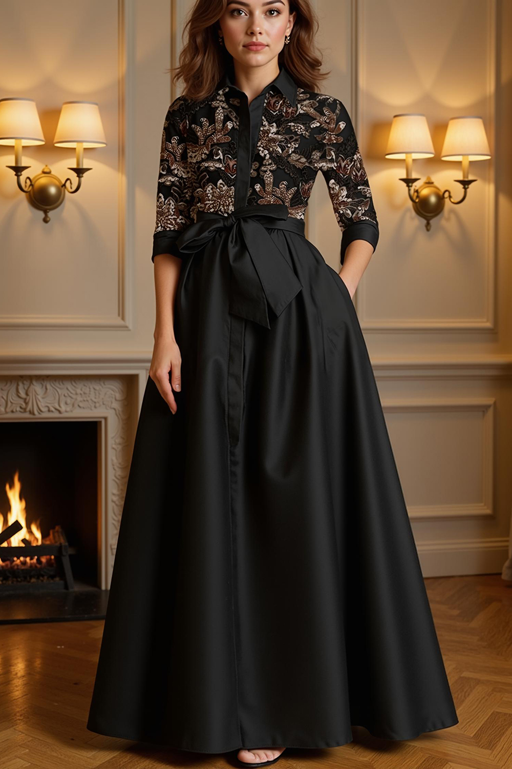 Black Satin Lapel Floor-Length Mother of the Bride Dress with Embroidery