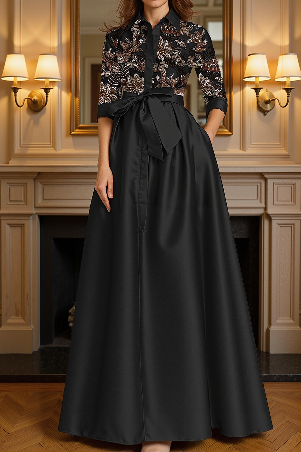 Black Satin Lapel Floor-Length Mother of the Bride Dress with Embroidery