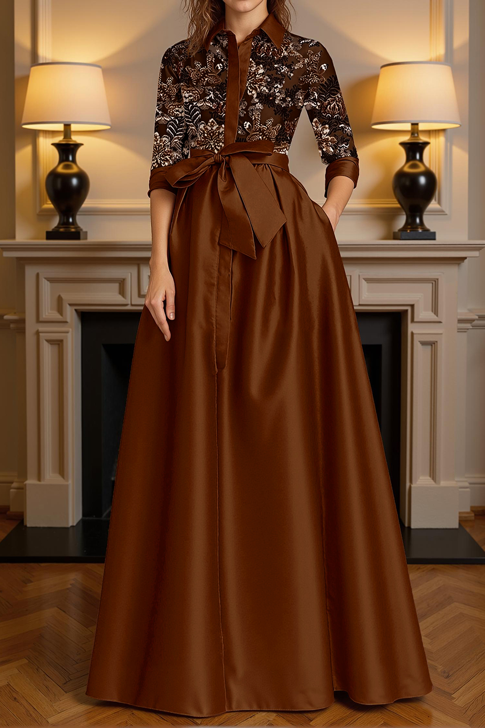 Black Satin Lapel Floor-Length Mother of the Bride Dress with Embroidery