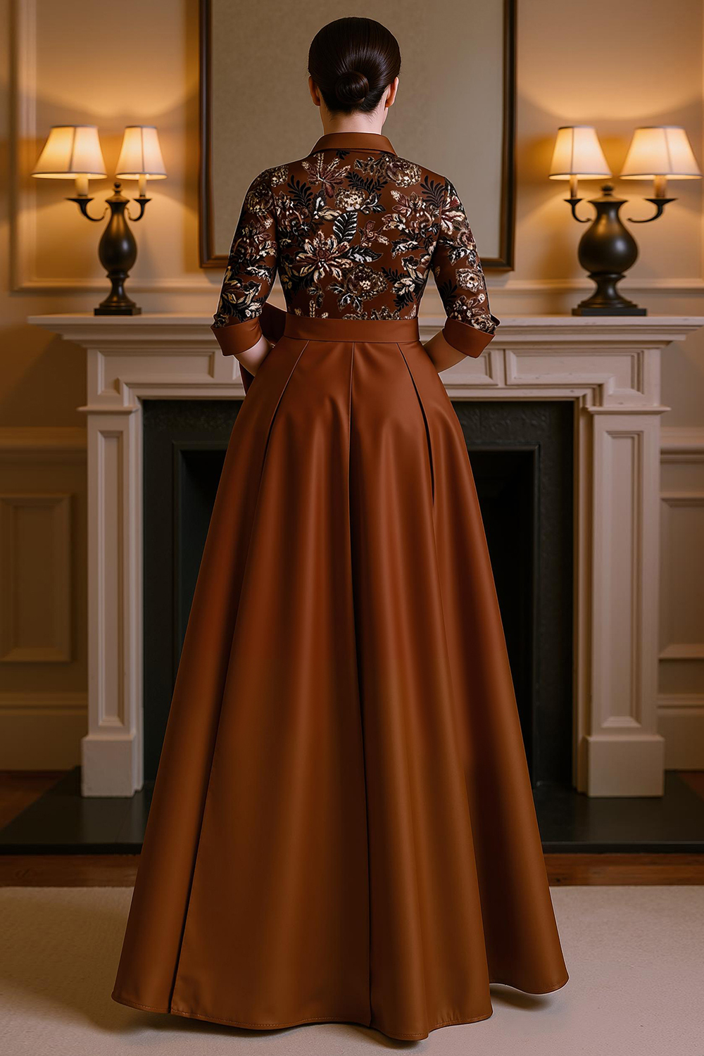 Black Satin Lapel Floor-Length Mother of the Bride Dress with Embroidery