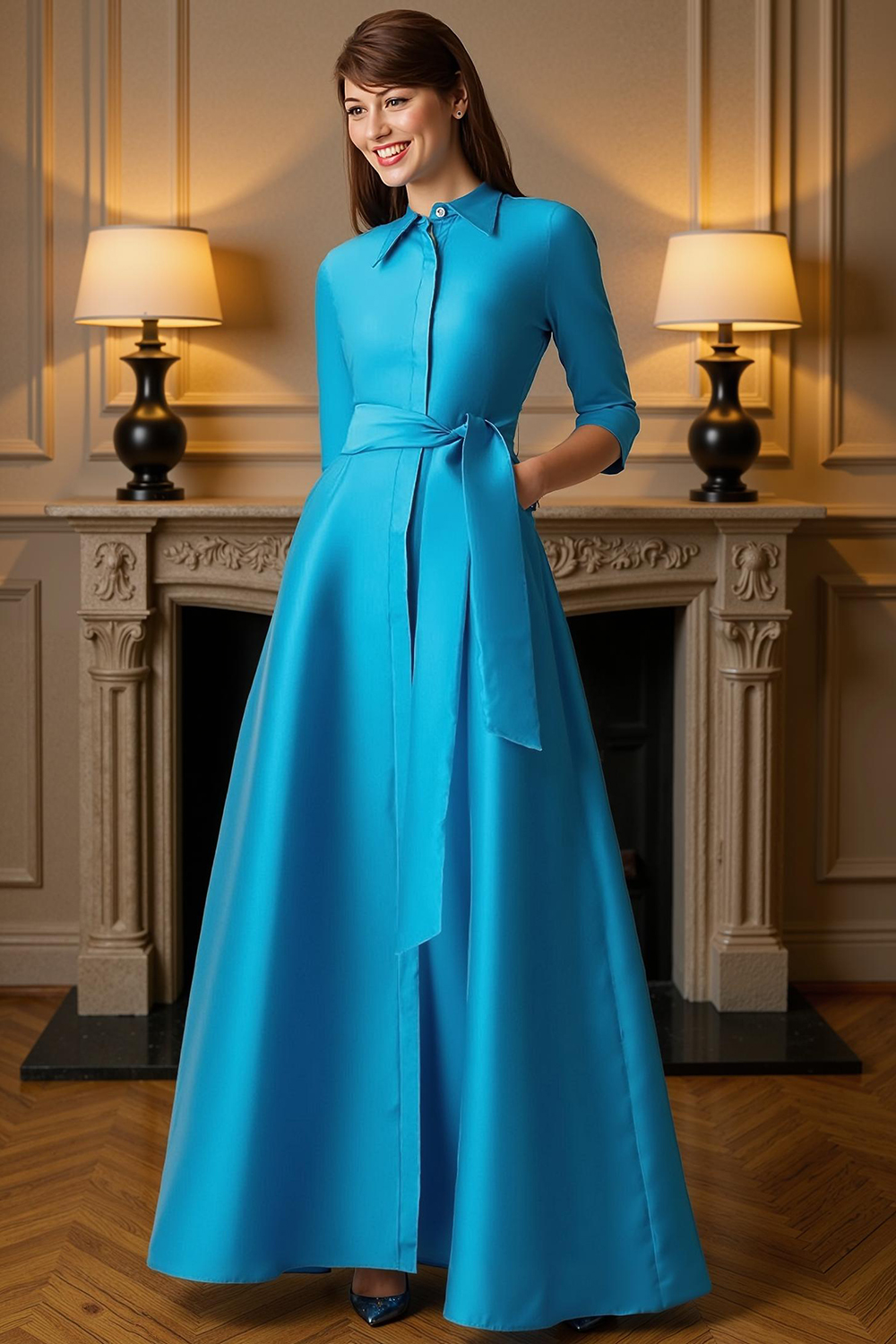 Blue A Line Lapel Floor-Length Mother of the Bride Dress with Sash
