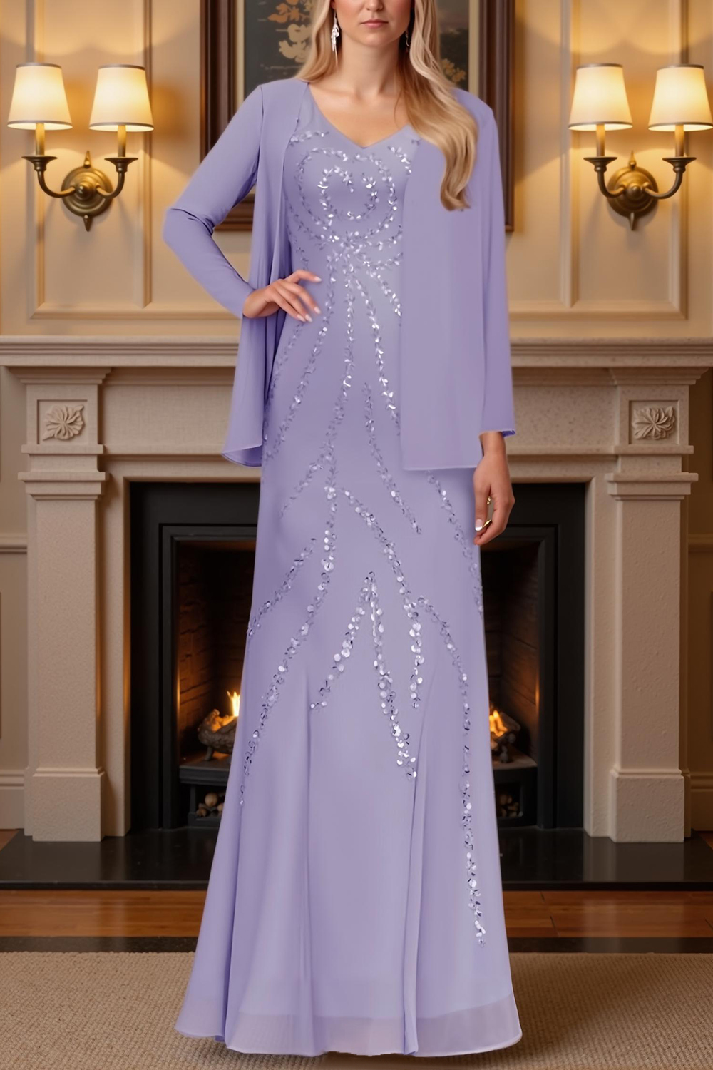 Sparkly Sage Green Sequins 2 Piece Floor-Length Mother of the Bride Dress with Jacket