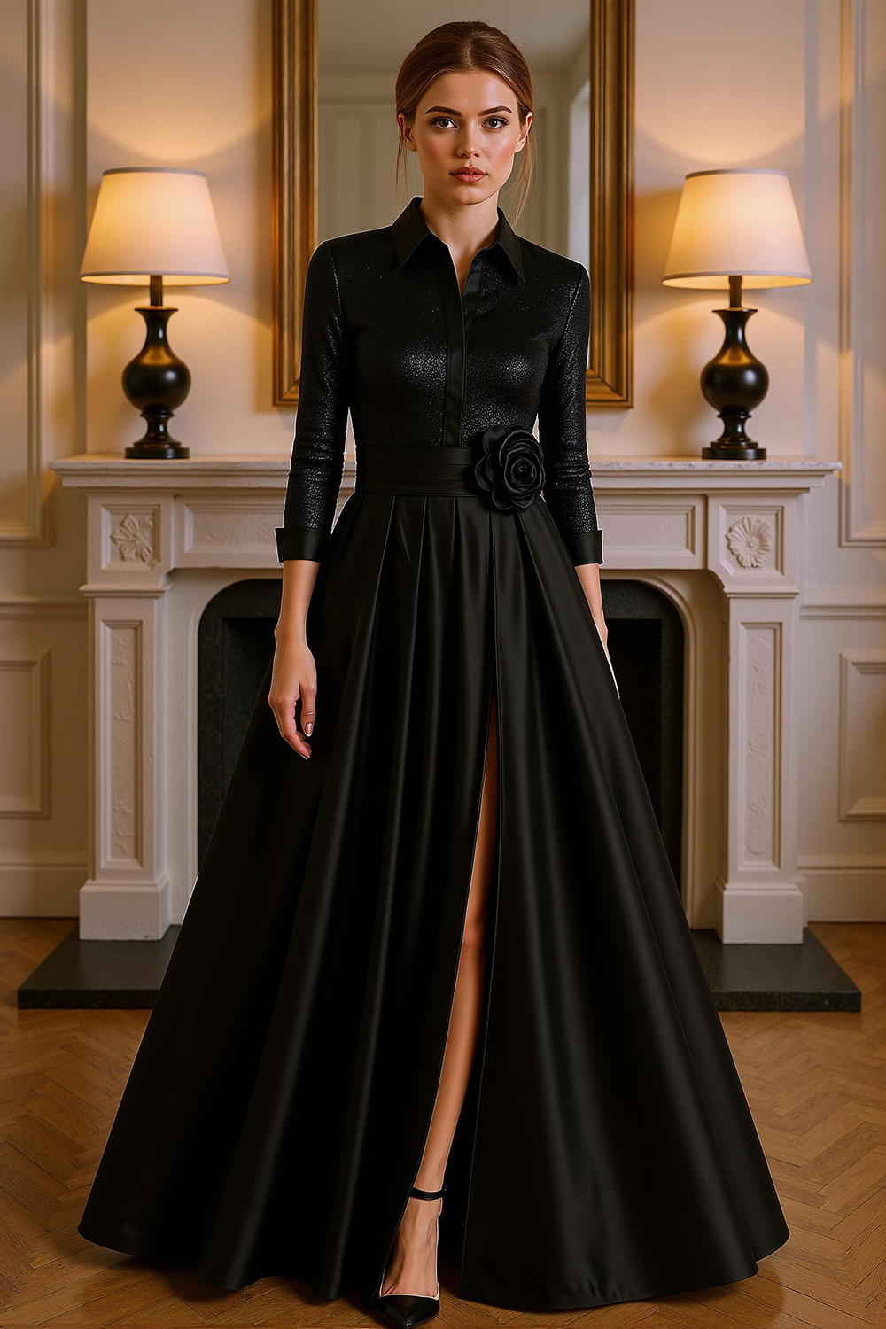 Hellymoon Women Floral Black Floor-Length Formal  Dress with Slit Satin A Line Lapel Black Tie Dress with Sleeves