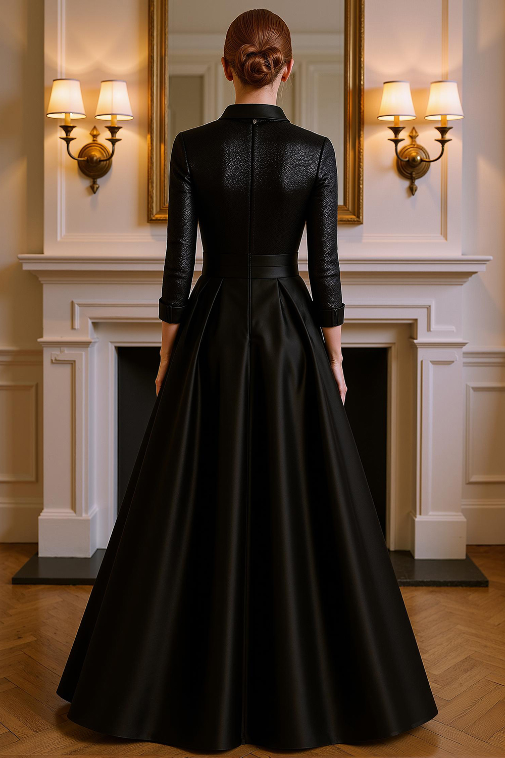 Black Satin Floral A Line Floor-Length Mother of the Bride Dress with Slit