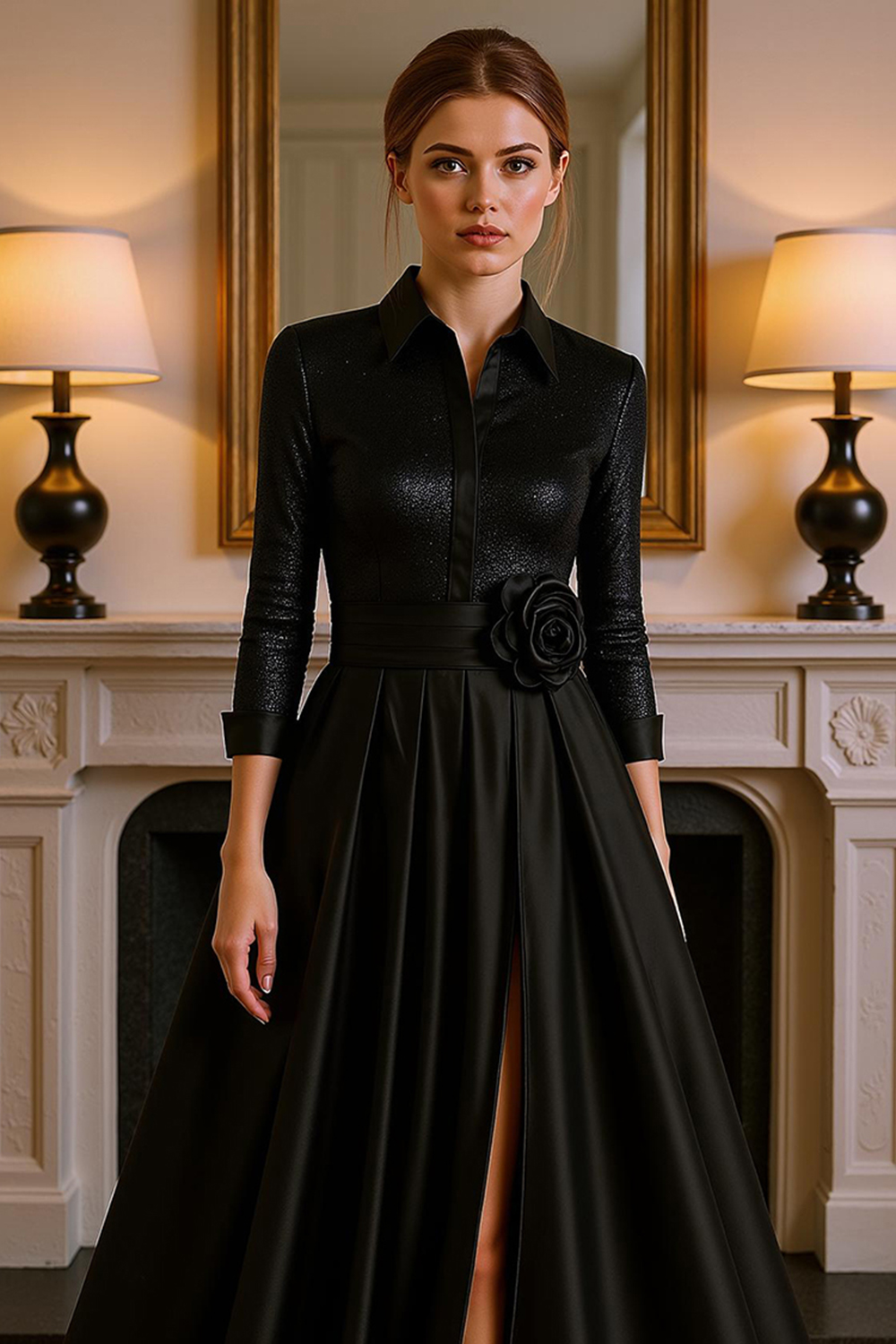 Black Satin Floral A Line Floor-Length Mother of the Bride Dress with Slit