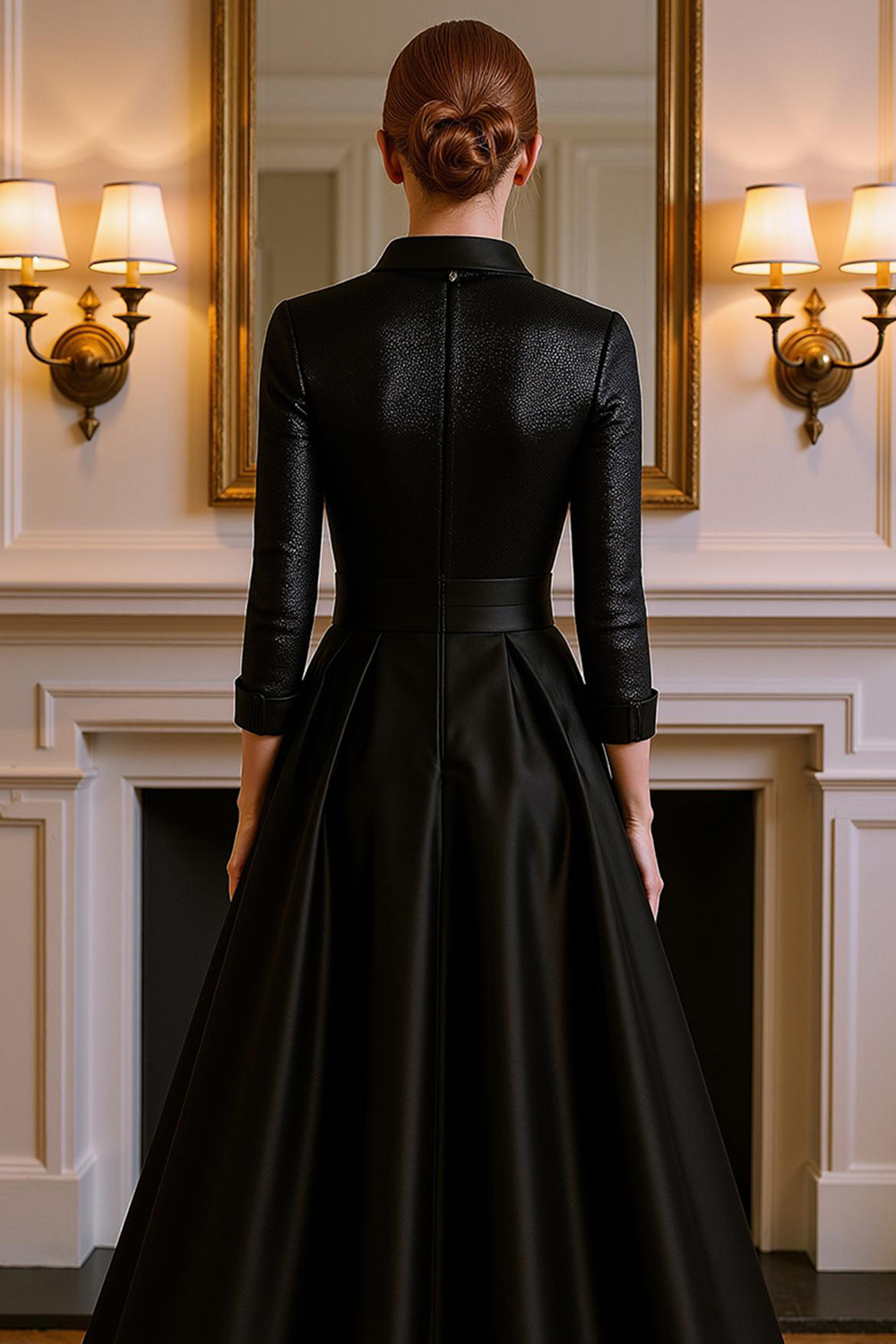 Black Satin Floral A Line Floor-Length Mother of the Bride Dress with Slit