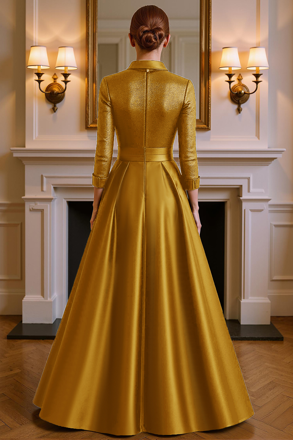 Black Satin Floral A Line Floor-Length Mother of the Bride Dress with Slit