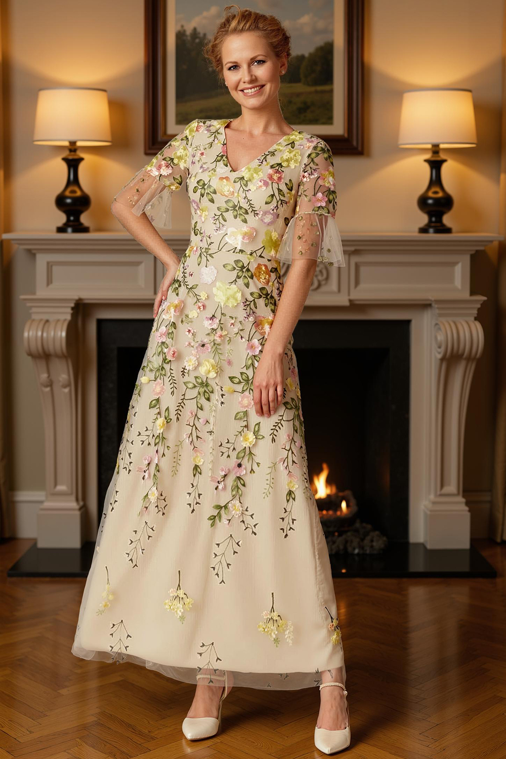 Champagne Flower V-Neck A Line Ankle-Length Mother of the Bride Dress