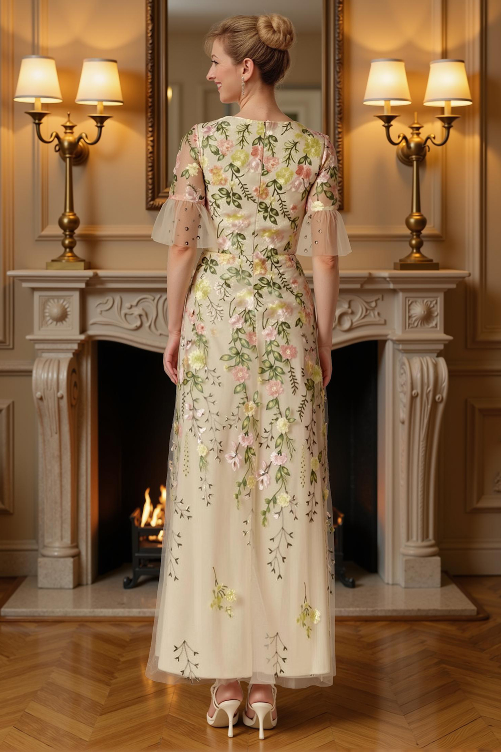 Champagne Flower V-Neck A Line Ankle-Length Mother of the Bride Dress