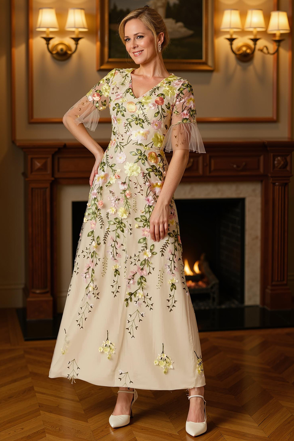 Champagne Flower V-Neck A Line Ankle-Length Mother of the Bride Dress