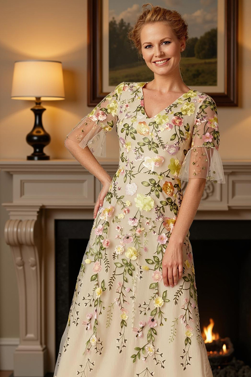 Champagne Flower V-Neck A Line Ankle-Length Mother of the Bride Dress