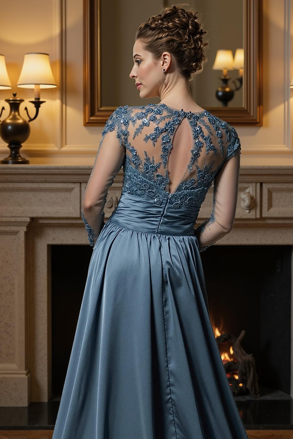 Dusty Blue Mermaid Lace Floor-Length Mother of the Bride Dress with Cape