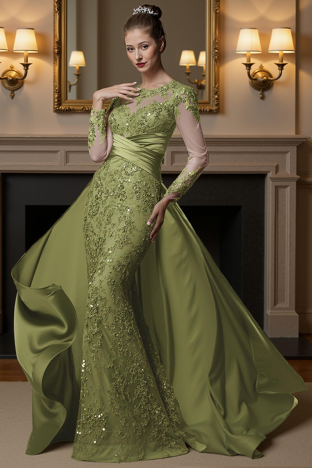 Dusty Blue Mermaid Lace Floor-Length Mother of the Bride Dress with Cape