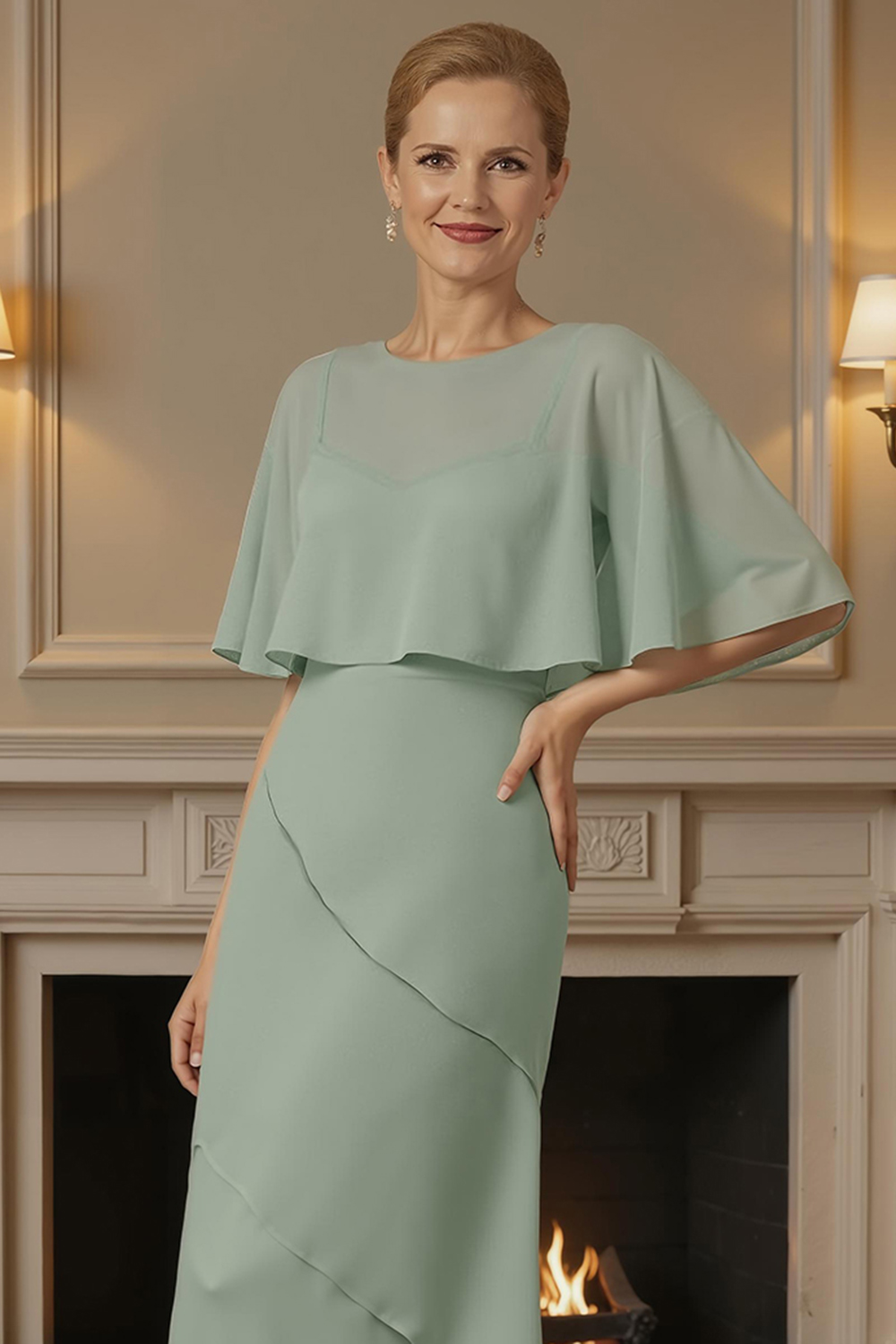Sage Green Tiered Sheath Floor-Length Mother of the Bride Dress with Cape