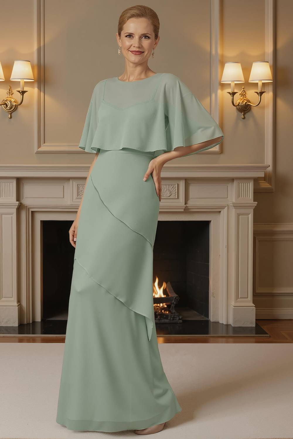 Sage Green Tiered Sheath Floor-Length Mother of the Bride Dress with Cape