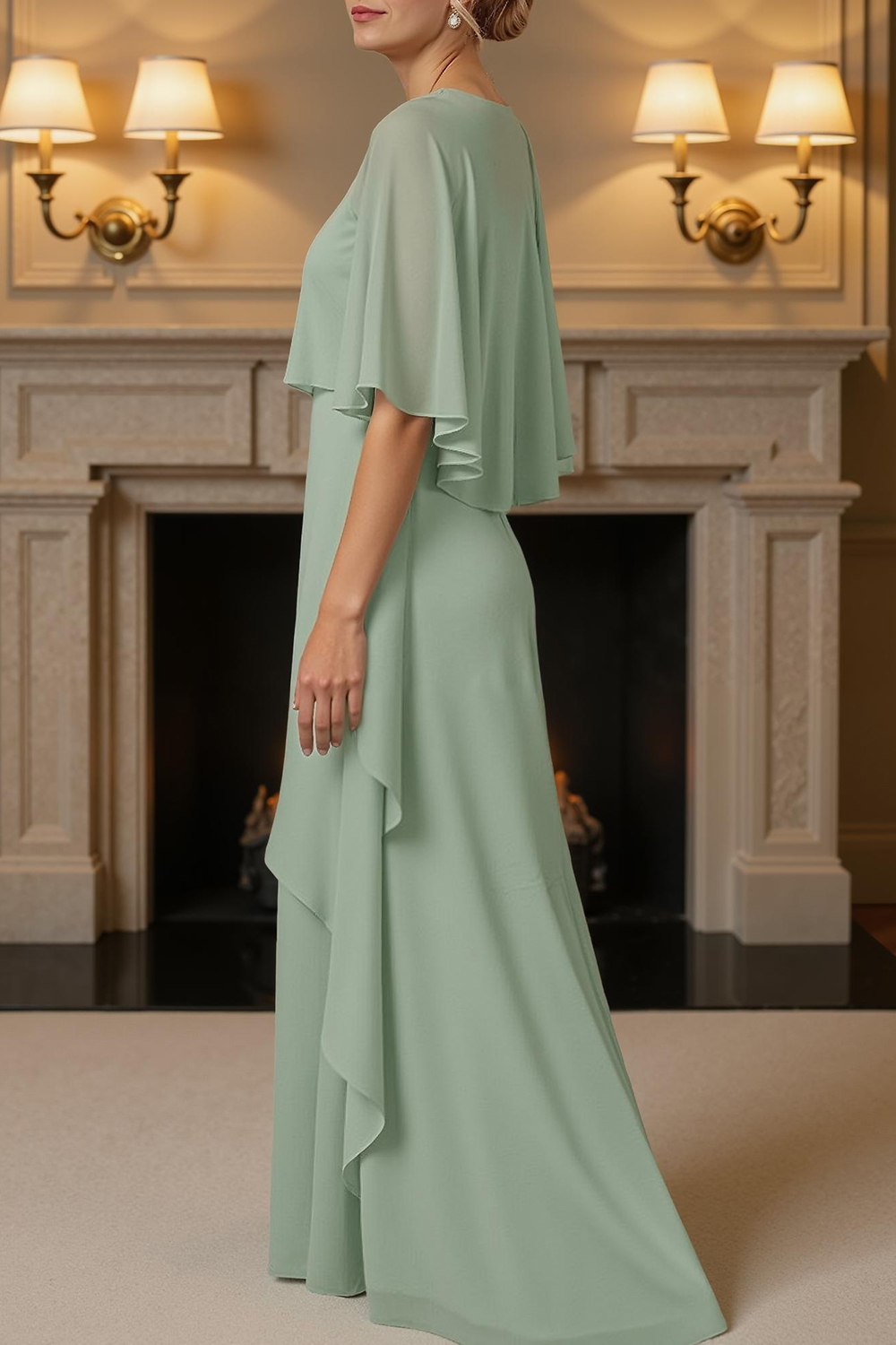 Sage Green Tiered Sheath Floor-Length Mother of the Bride Dress with Cape
