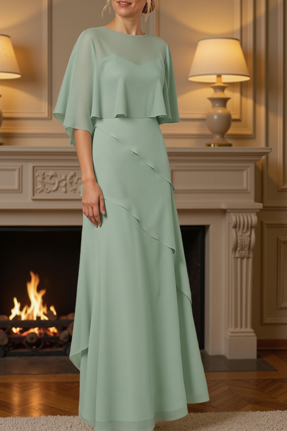 Sage Green Tiered Sheath Floor-Length Mother of the Bride Dress with Cape