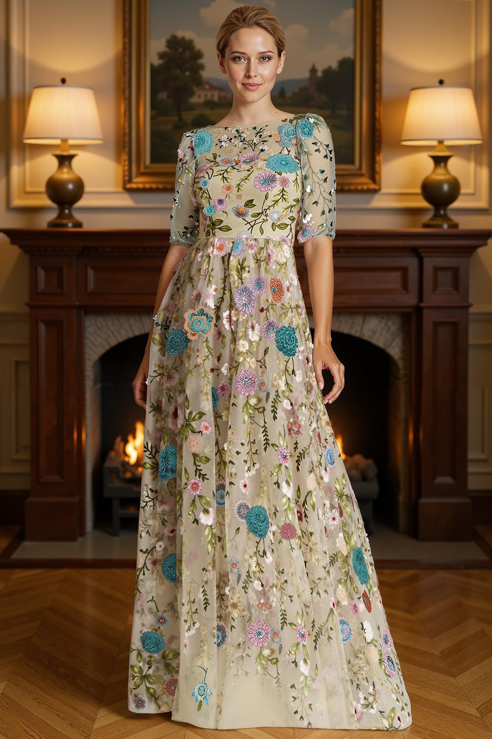 Blue Flower Lace A Line Bateau Neck Floor-Length Mother of the Bride Dress