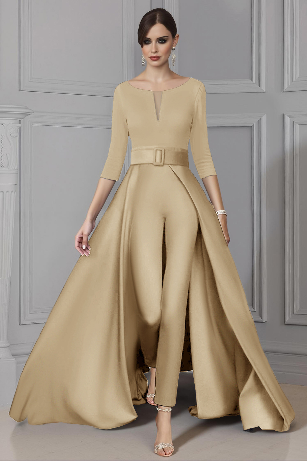 Elegant White Boat Neck Floor-Length Mother of the Bride Jumpsuits with Cape