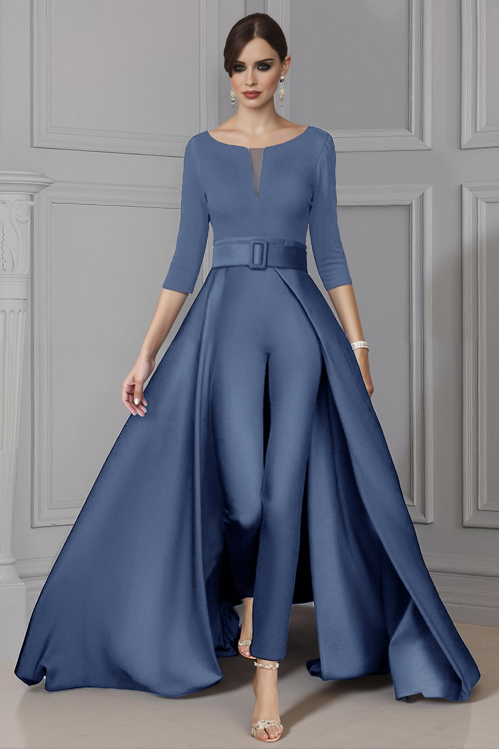 Elegant White Boat Neck Floor-Length Mother of the Bride Jumpsuits with Cape