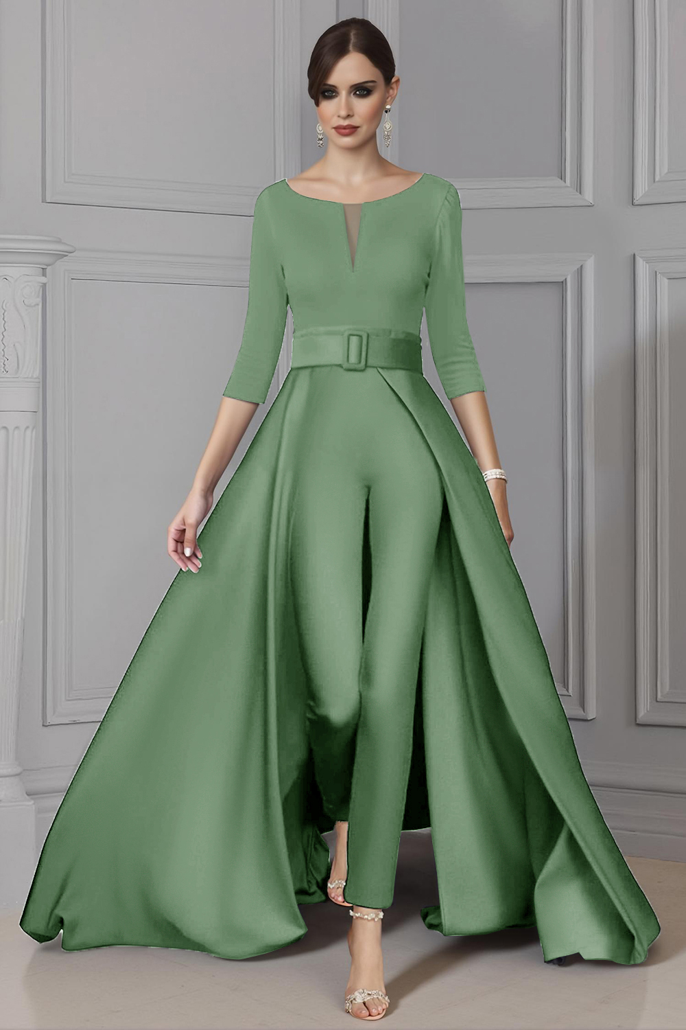 Elegant White Boat Neck Floor-Length Mother of the Bride Jumpsuits with Cape