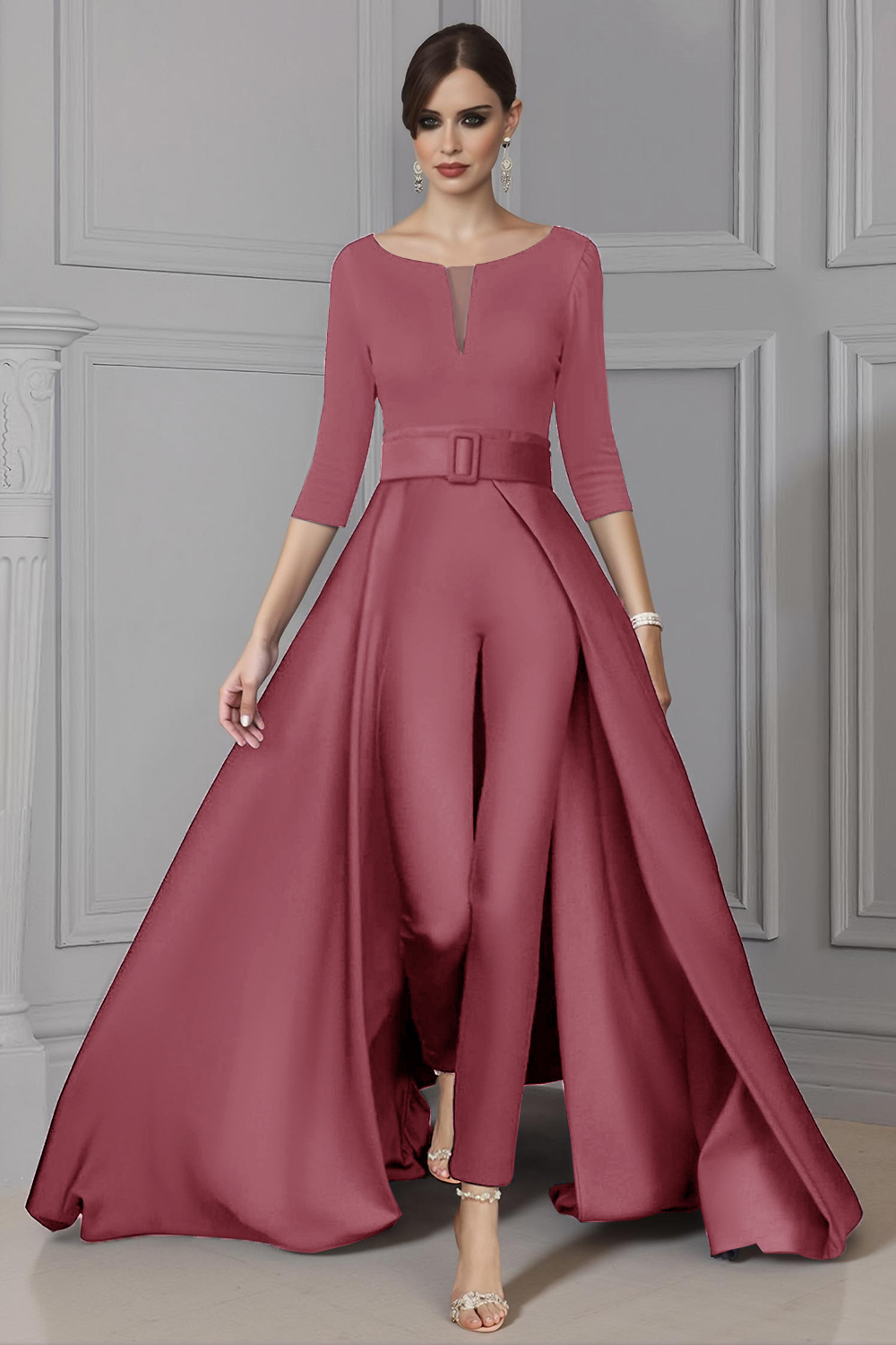 Elegant White Boat Neck Floor-Length Mother of the Bride Jumpsuits with Cape