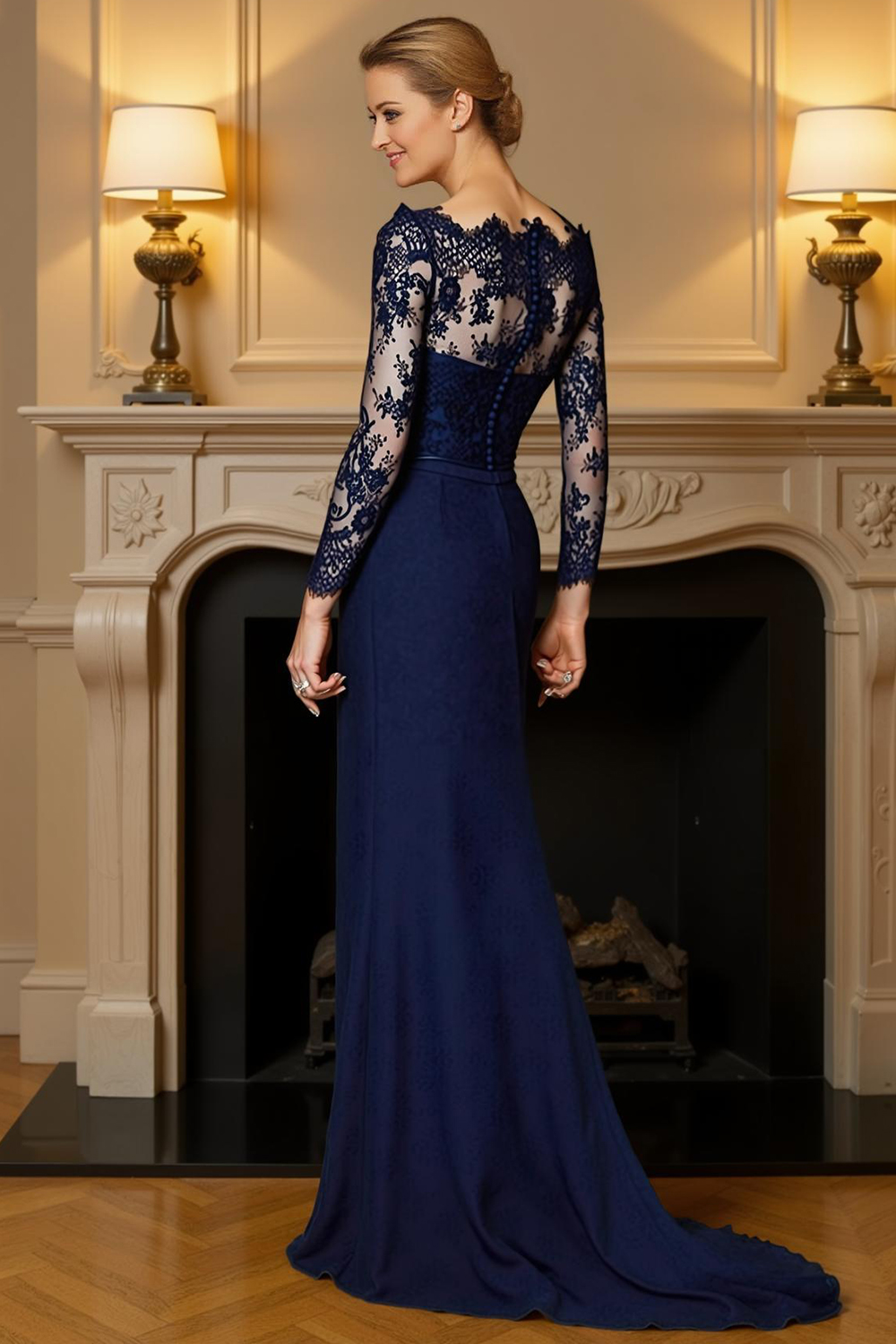 Navy Mermaid Floor-Length Mother of the Bride Dress with Lace
