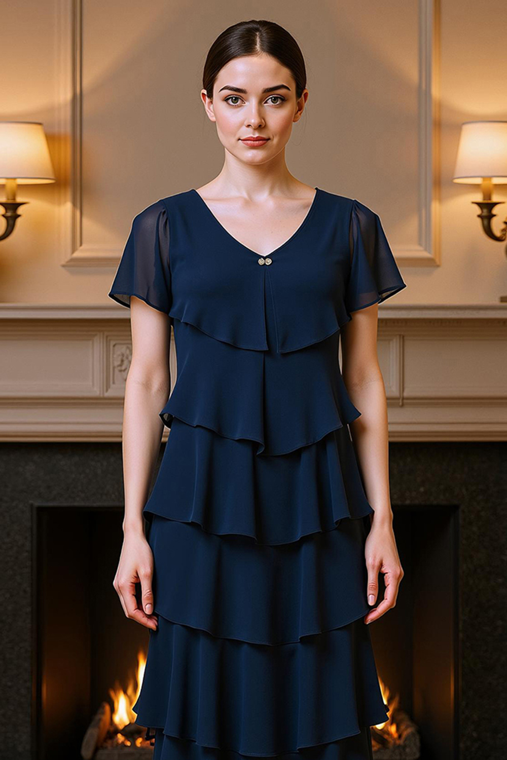 Navy Sheath Tiered Ruffled Ankle-Length Mother of the Bride Dress