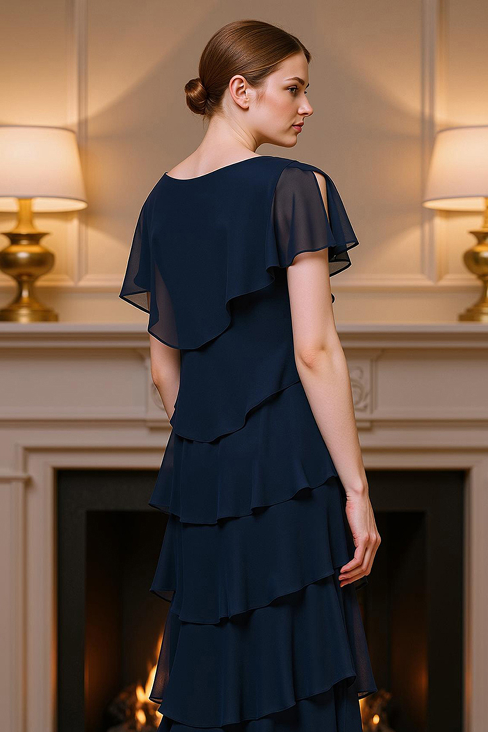 Navy Sheath Tiered Ruffled Ankle-Length Mother of the Bride Dress