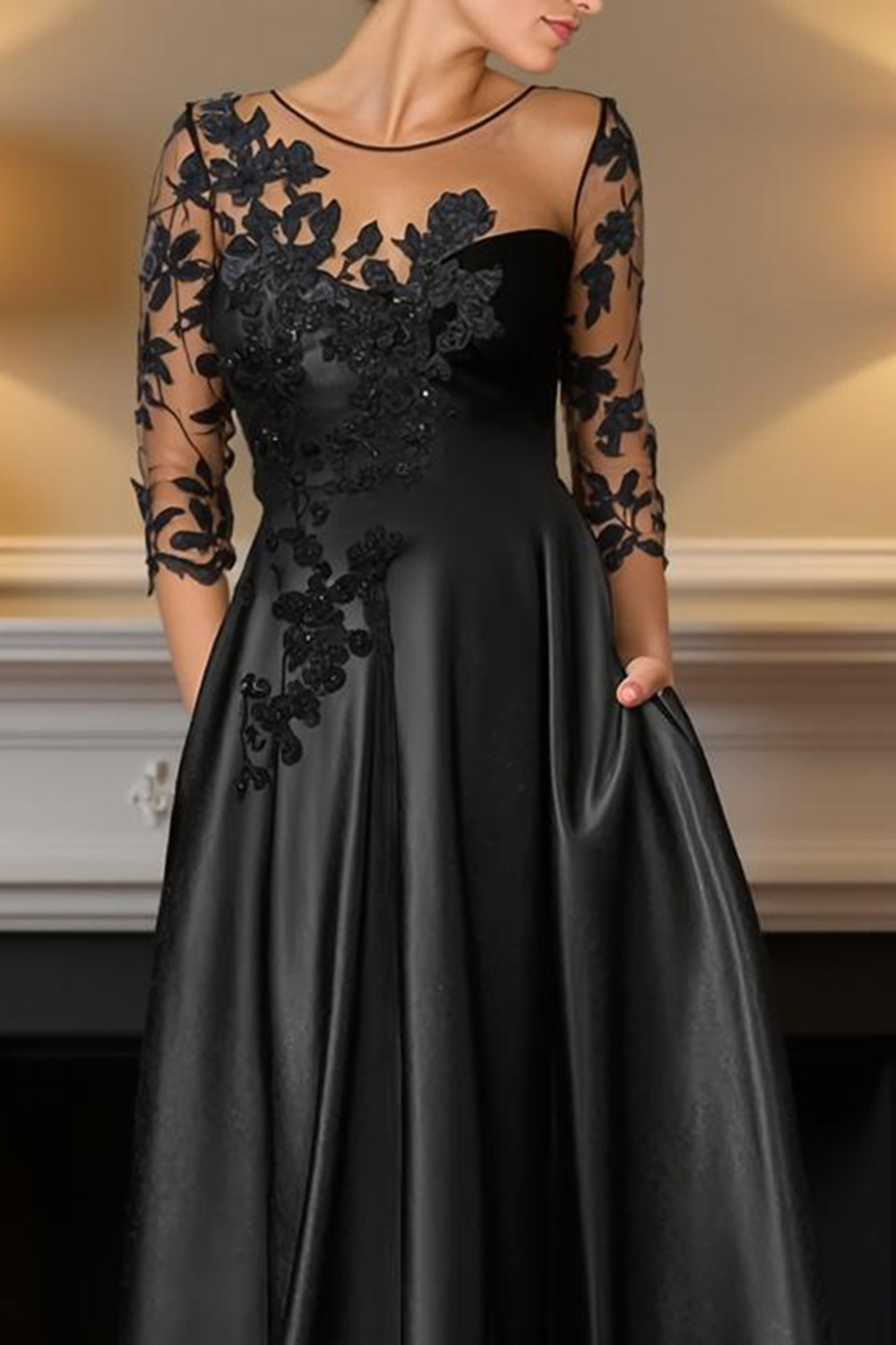 Black Satin A Line Tea-Length Mother of the Bride Dress with Lace
