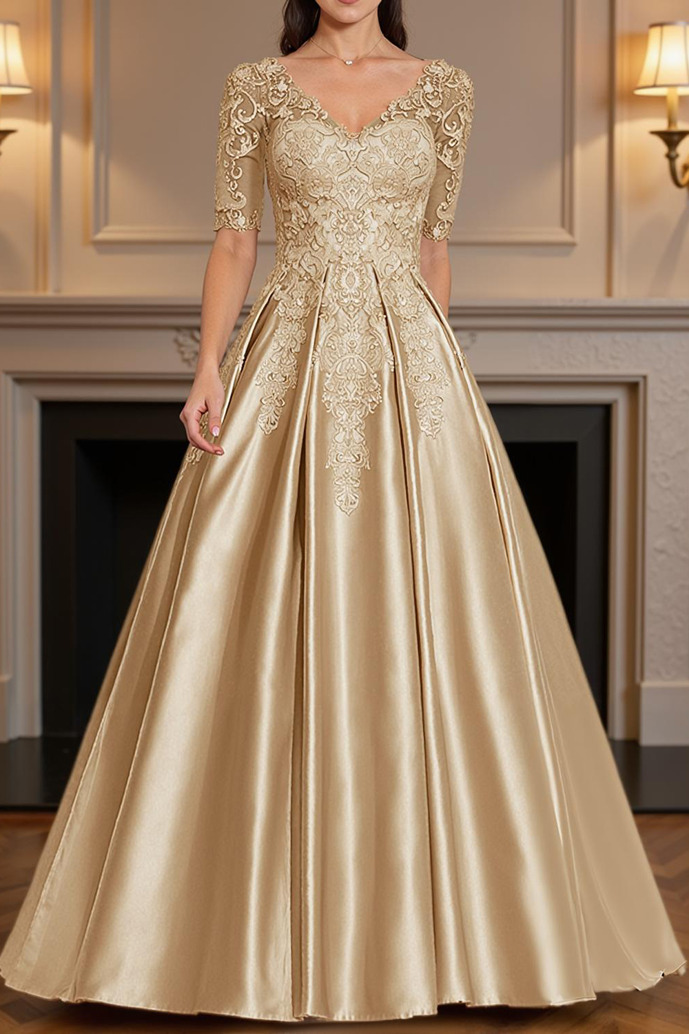 Dusty Blue V-Neck A Line Floor-Length Mother of the Bride Dress with Lace