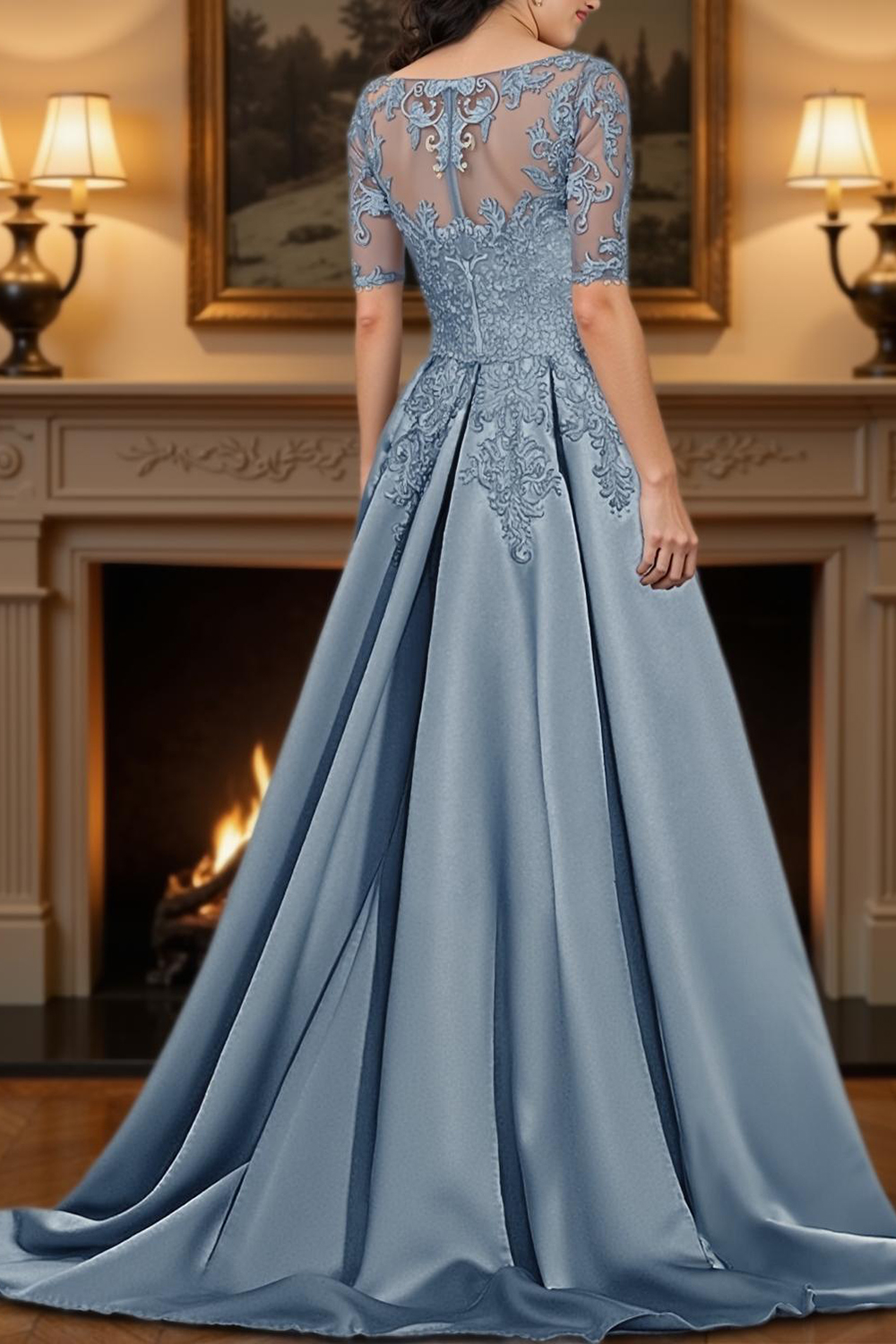 Dusty Blue V-Neck A Line Floor-Length Mother of the Bride Dress with Lace