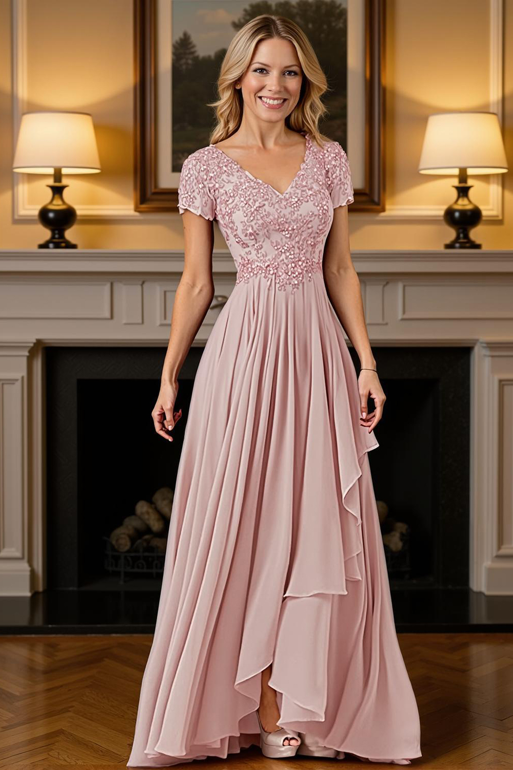Burgundy V-Neck A Line Floor-Length Mother of the Bride Dress with Lace