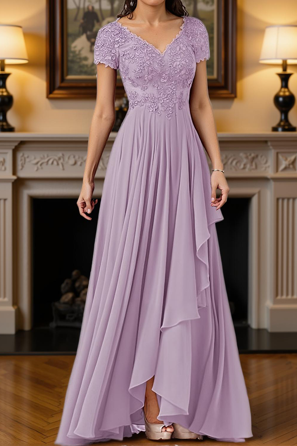 Burgundy V-Neck A Line Floor-Length Mother of the Bride Dress with Lace