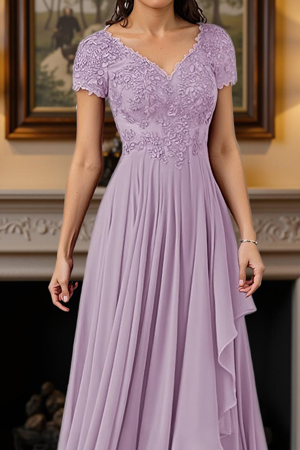 Burgundy V-Neck A Line Floor-Length Mother of the Bride Dress with Lace
