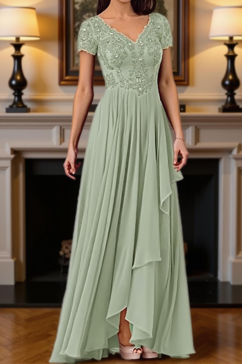 Burgundy V-Neck A Line Floor-Length Mother of the Bride Dress with Lace