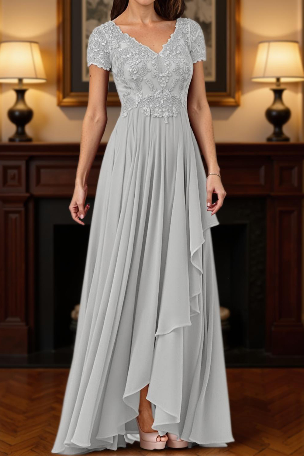 Burgundy V-Neck A Line Floor-Length Mother of the Bride Dress with Lace