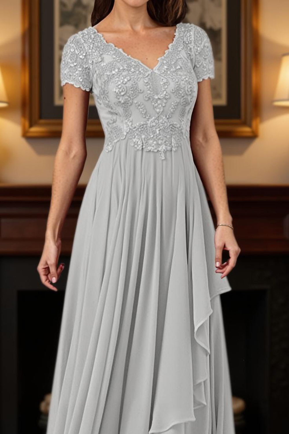 Burgundy V-Neck A Line Floor-Length Mother of the Bride Dress with Lace