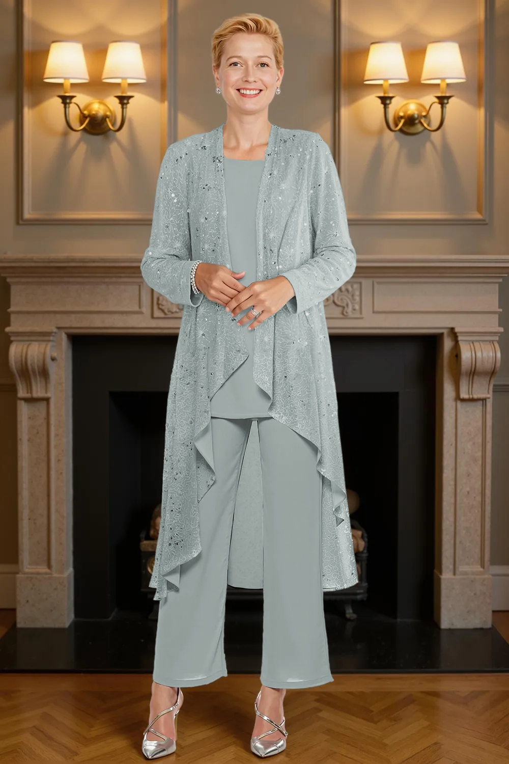 3 Piece Silver Chiffon Sparkly Mother of the Bride Pant Suits with Jacket