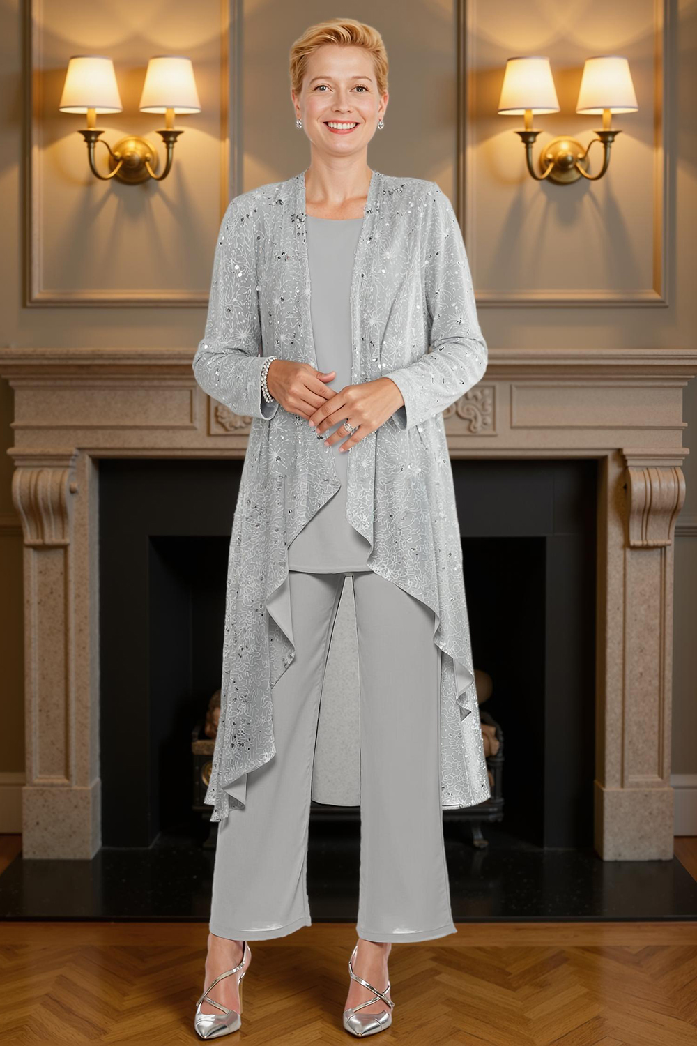 Sparkly Silver Chiffon Beaded 3 Piece Mother of the Bride Pant Suits with Jacket