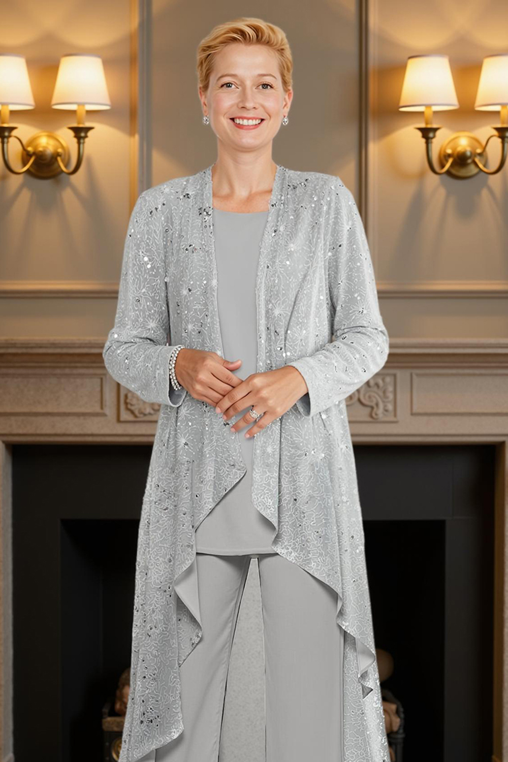 Sparkly Silver Chiffon Beaded 3 Piece Mother of the Bride Pant Suits with Jacket