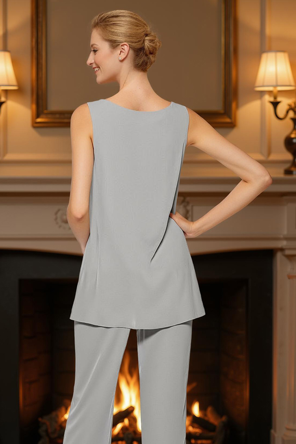 Sparkly Silver Chiffon Beaded 3 Piece Mother of the Bride Pant Suits with Jacket