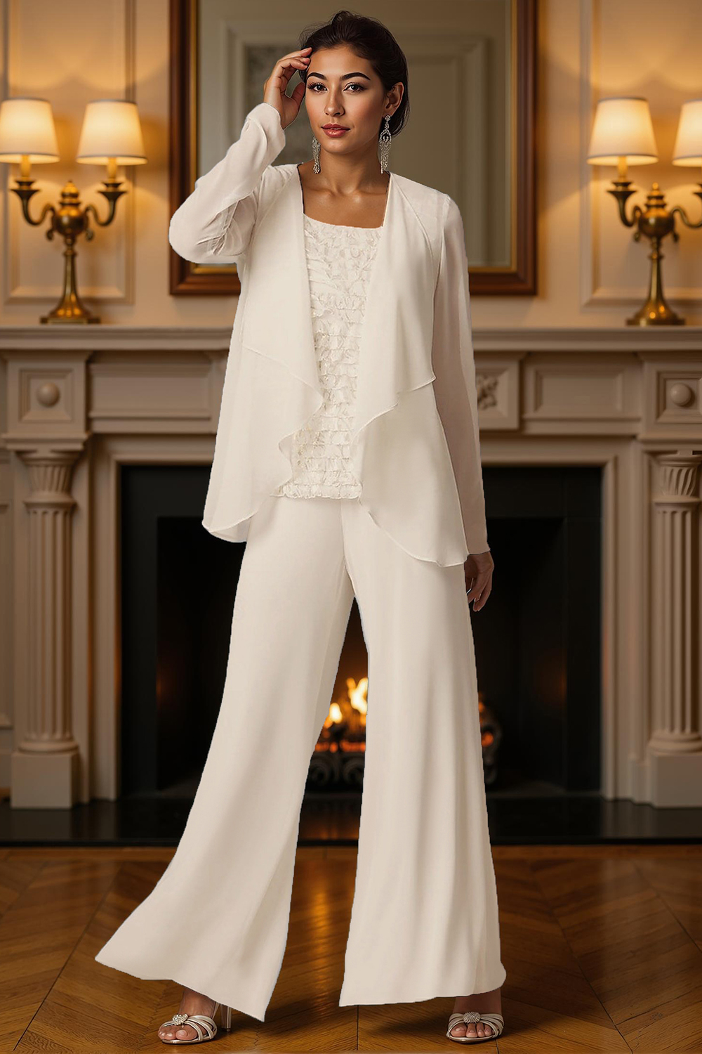 White Bateau Neck 3 Piece Mother of the Bride Pant Suits with Jacket