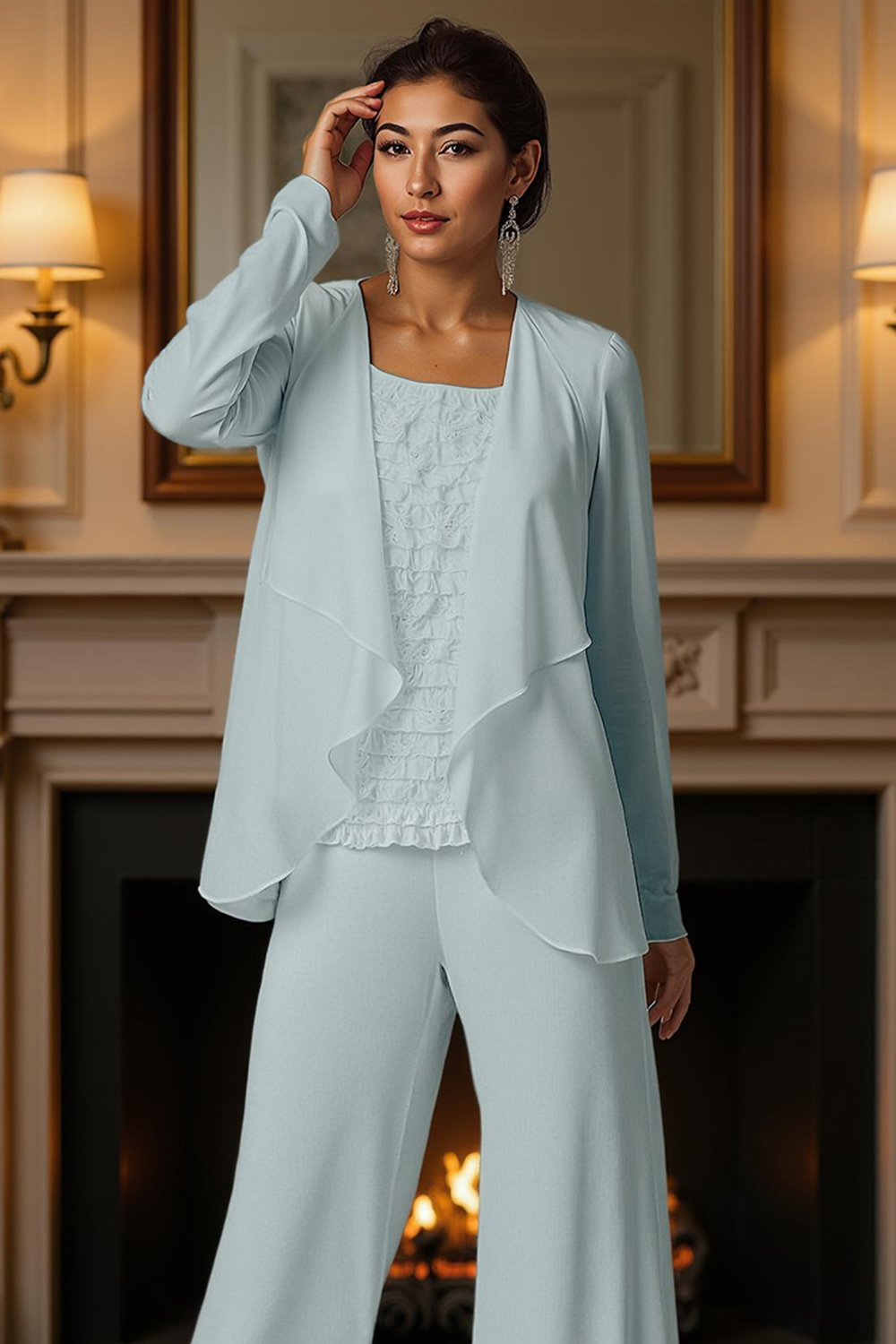 White Bateau Neck 3 Piece Mother of the Bride Pant Suits with Jacket