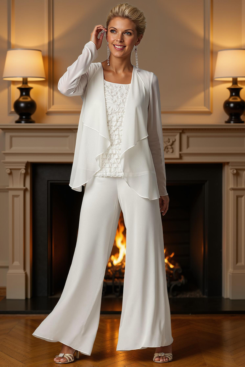 Hellymoon Women 3 Piece White Chiffon Mother of the Bride Pant Suits with Jacket Square Neck Mother of the Groom Pant Suits with Sleeves